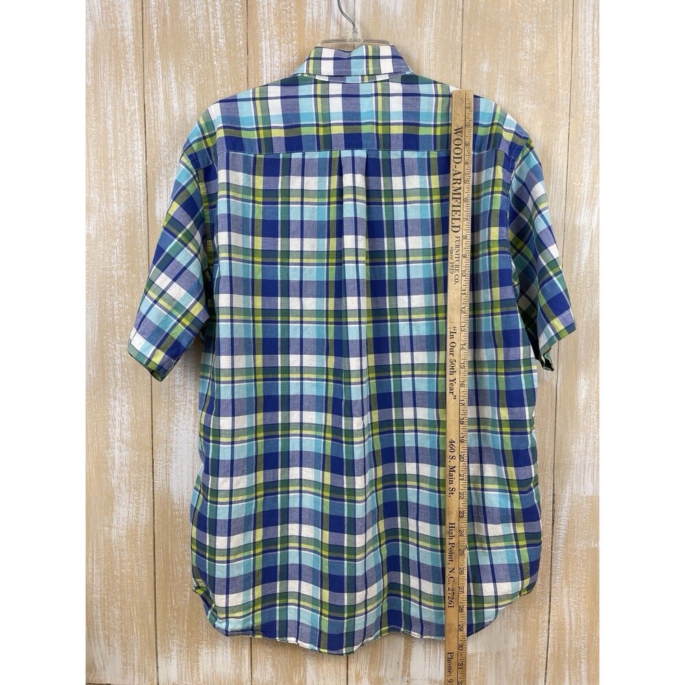 Brooks Brothers 346 Men’s L Cotton Short Sleeve Shirt Blue Green Plaid Pocket - Picture 6 of 8